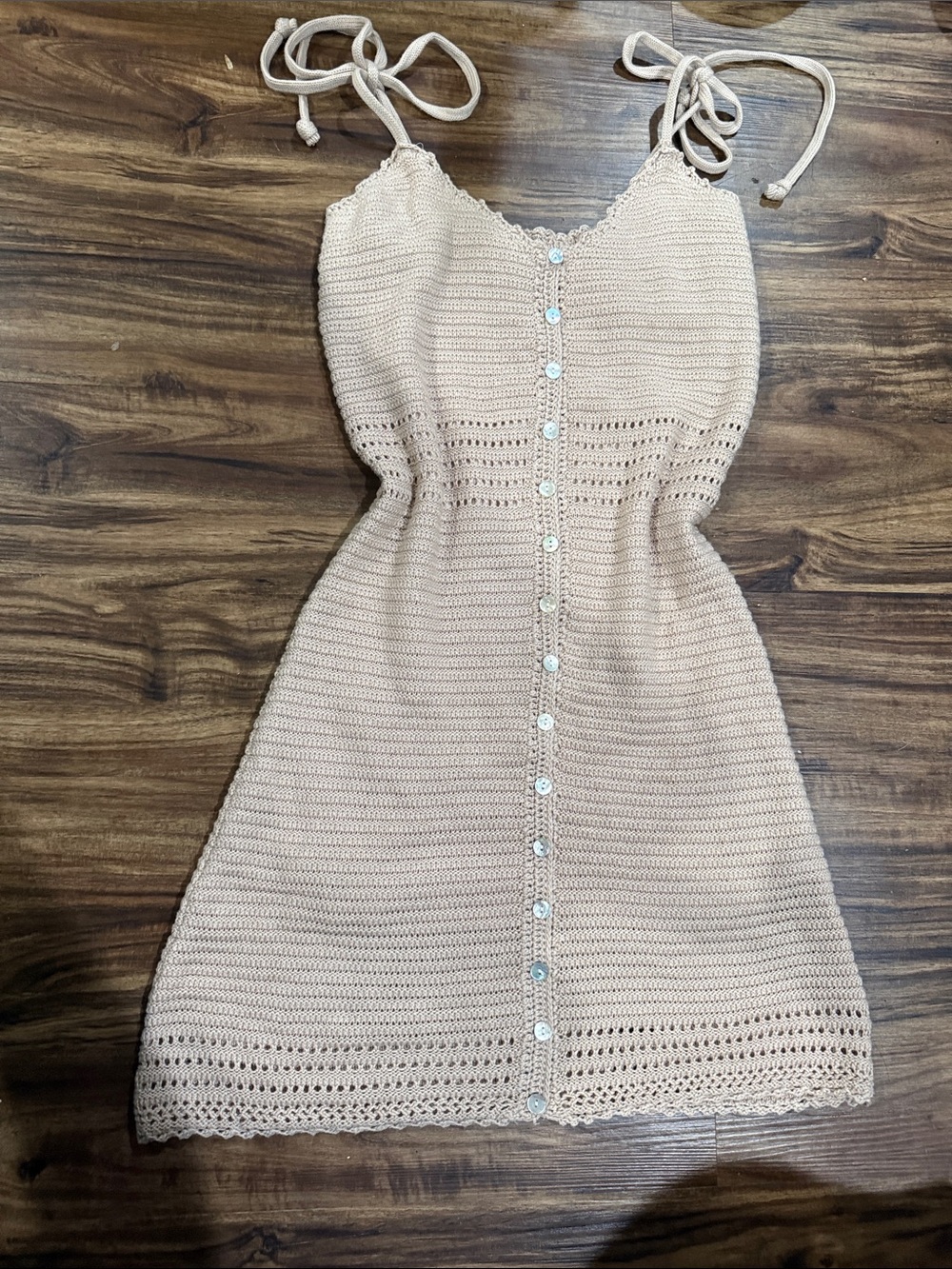 Olive & Oak Cream Crochet Button-Front Mini Dress